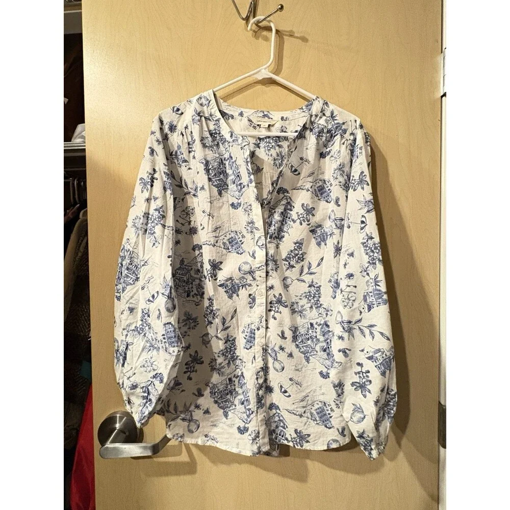 Lucky Brand XL Toile Print Peasant Blouse Balloon Sleeve Blue White Boho Top - Picture 3 of 6